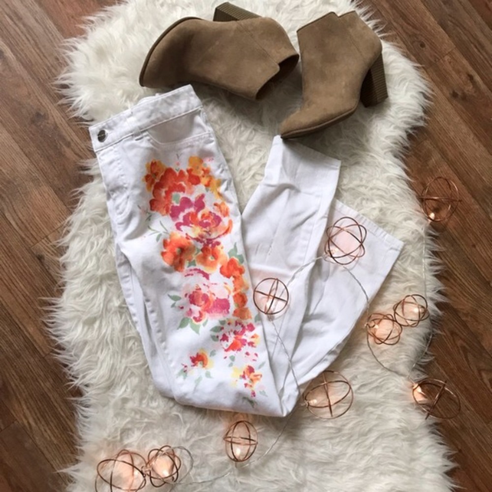 White Floral Print Jeans